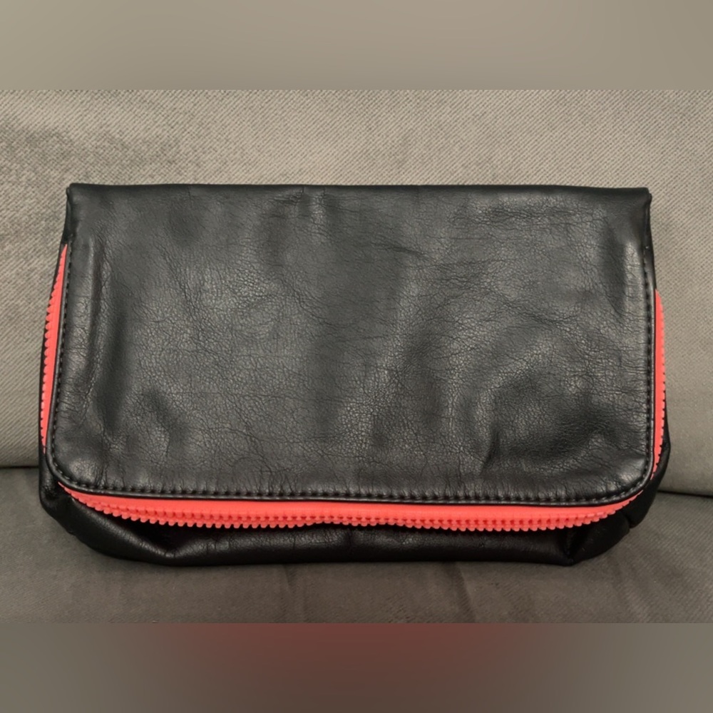 Lululemon Black Vegan Leather Fold Over Neon Pink Travel Pouch